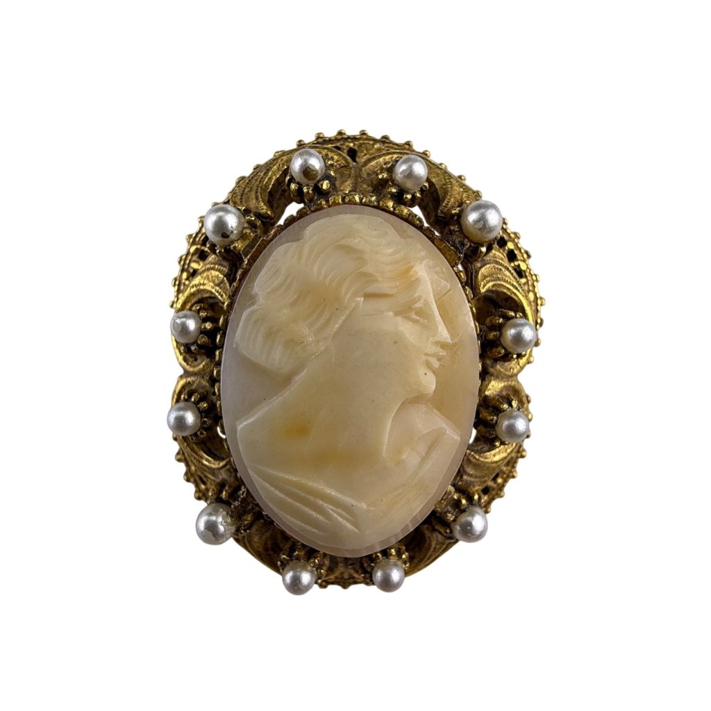 Florenza Gold Tone Womens Cameo Brooch With Faux Pearl Filigree Frame